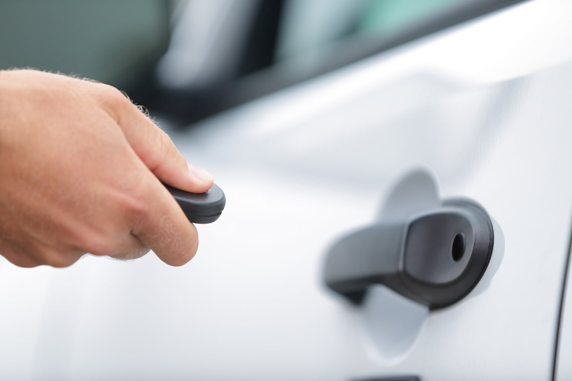 Man Locking Car Door Using Remote Control Key Fob